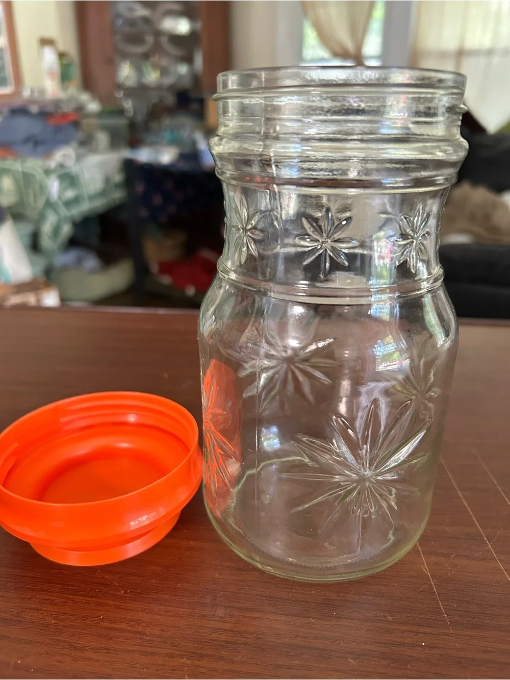 Vintage anchor, hocking Orange Lid Clear Glass Canister with Starburst